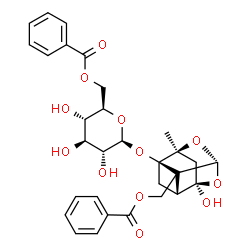 ChemSpider 2D Image | {(1R,2S,3R,5R,6R,8S)-3-[(6-O-Benzoyl-beta-D-glucopyranosyl)oxy]-6-hydroxy-8-methyl-9,10-dioxatetracyclo[4.3.1.0~2,5~.0~3,8~]dec-2-yl}methyl benzoate | C30H32O12