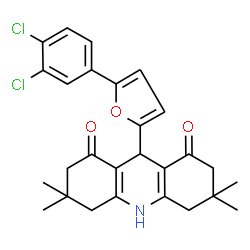 ChemSpider 2D Image | 9-[5-(3,4-Dichlorophenyl)-2-furyl]-3,3,6,6-tetramethyl-3,4,6,7,9,10-hexahydro-1,8(2H,5H)-acridinedione | C27H27Cl2NO3
