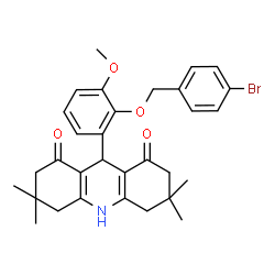 ChemSpider 2D Image | 9-{2-[(4-Bromobenzyl)oxy]-3-methoxyphenyl}-3,3,6,6-tetramethyl-3,4,6,7,9,10-hexahydro-1,8(2H,5H)-acridinedione | C31H34BrNO4