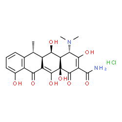 ChemSpider 2D Image | (4S,5R,5aR,6R)-4-(Dimethylamino)-3,5,10,12,12a-pentahydroxy-6-methyl-1,11-dioxo-1,4,4a,5,5a,6,11,12a-octahydro-2-tetracenecarboxamide hydrochloride (1:1) | C22H25ClN2O8