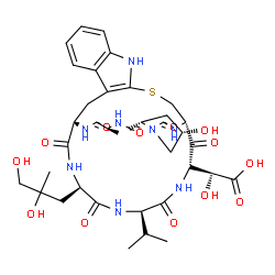 ChemSpider 2D Image | [(1R,14S,19S,21S,24S,29R,32R,35S)-29-(2,3-Dihydroxy-2-methylpropyl)-19-hydroxy-32-isopropyl-24-methyl-16,22,25,27,30,33,36-heptaoxo-12-thia-10,15,17,23,26,28,31,34-octaazapentacyclo[12.12.10.0~3,11~.0
~4,9~.0~17,21~]hexatriaconta-3(11),4,6,8-tetraen-35-yl](hydroxy)acetic acid | C37H50N8O13S