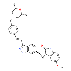 ChemSpider 2D Image | (1R,2S)-2-{3-[(E)-2-(4-{[(2R,6S)-2,6-Dimethyl-4-morpholinyl]methyl}phenyl)vinyl]-1H-indazol-6-yl}-5'-methoxyspiro[cyclopropane-1,3'-indol]-2'(1'H)-one | C33H34N4O3