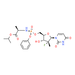 ChemSpider 2D Image | Isopropyl (2R)-2-{[(S)-{[(2R,3R,4R,5R)-5-(2,4-dioxo-3,4-dihydro-1(2H)-pyrimidinyl)-4-fluoro-3-hydroxy-4-methyltetrahydro-2-furanyl]methoxy}(phenoxy)phosphoryl]amino}propanoate (non-preferred name) | C22H29FN3O9P