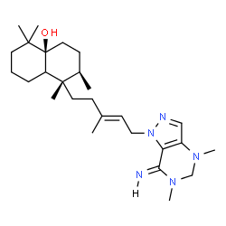ChemSpider 2D Image | (1S,2R,4aS)-1-{(3E)-5-[(7Z)-7-Imino-4,6-dimethyl-4,5,6,7-tetrahydro-1H-pyrazolo[4,3-d]pyrimidin-1-yl]-3-methyl-3-penten-1-yl}-1,2,5,5-tetramethyloctahydro-4a(2H)-naphthalenol | C27H45N5O