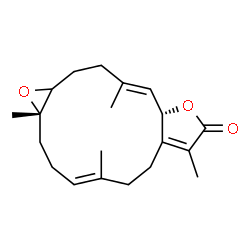 ChemSpider 2D Image | (1aS,4E,10aS,11E)-1a,5,8,12-Tetramethyl-2,3,6,7,10a,13,14,14a-octahydrooxireno[9,10]cyclotetradeca[1,2-b]furan-9(1aH)-one | C20H28O3