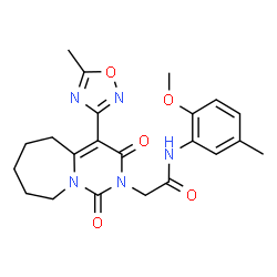 ChemSpider 2D Image | N-(2-Methoxy-5-methylphenyl)-2-[4-(5-methyl-1,2,4-oxadiazol-3-yl)-1,3-dioxo-3,5,6,7,8,9-hexahydropyrimido[1,6-a]azepin-2(1H)-yl]acetamide | C22H25N5O5