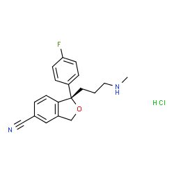 ChemSpider 2D Image | (1S)-1-(4-Fluorophenyl)-1-[3-(methylamino)propyl]-1,3-dihydro-2-benzofuran-5-carbonitrile hydrochloride (1:1) | C19H20ClFN2O