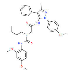 ChemSpider 2D Image | N~2~-Butyl-N~2~-[(2,4-dimethoxyphenyl)carbamoyl]-N-[1-(4-methoxyphenyl)-3-methyl-4-phenyl-1H-pyrazol-5-yl]glycinamide | C32H37N5O5