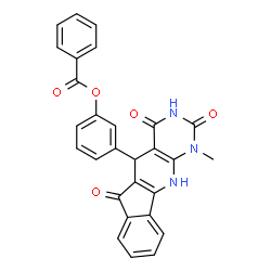 ChemSpider 2D Image | 3-(1-Methyl-2,4,6-trioxo-2,3,4,5,6,11-hexahydro-1H-indeno[2',1':5,6]pyrido[2,3-d]pyrimidin-5-yl)phenyl benzoate | C28H19N3O5
