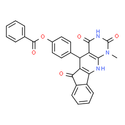 ChemSpider 2D Image | 4-(1-Methyl-2,4,6-trioxo-2,3,4,5,6,11-hexahydro-1H-indeno[2',1':5,6]pyrido[2,3-d]pyrimidin-5-yl)phenyl benzoate | C28H19N3O5