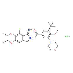 ChemSpider 2D Image | 2-[(1Z)-5,6-Diethoxy-7-fluoro-1-imino-1,3-dihydro-2H-isoindol-2-yl]-1-[4-methoxy-3-(2-methyl-2-propanyl)-5-(4-morpholinyl)phenyl]ethanone hydrochloride (1:1) | C29H39ClFN3O5