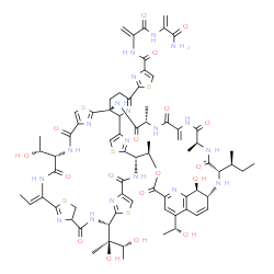 ChemSpider 2D Image | N-{3-[(3-Amino-3-oxo-1-propen-2-yl)amino]-3-oxo-1-propen-2-yl}-2-[(1R,8S,11Z,18S,25S,26R,35R,37S,40S,46S,59S)-37-[(2S)-2-butanyl]-18-[(2S,3R)-2,3-dihydroxy-2-butanyl]-11-ethylidene-59-hydroxy-8,31-bis
[(1R)-1-hydroxyethyl]-26,40,46-trimethyl-43-methylene-6,9,16,23,28,38,41,44,47-nonaoxo-27-oxa-3,13,20,56-tetrathia-7,10,17,24,36,39,42,45,48,52,58,61,62,63,64-pentadecaazanonacyclo[23.23.9.3~29,35~.1~
2,5~.1~12,15~.1~19,22~.1~54,57~.0~1,53~.0~32,60~]tetrahexaconta-2(64),4,12(63),19(62),21,29,31,33,51,54,57,60-dodecaen-51-yl]-1,3-thiazole-4-carboxamide | C72H85N19O18S5