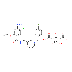 ChemSpider 2D Image | 4-Amino-5-chloro-2-ethoxy-N-{[(2R)-4-(4-fluorobenzyl)-2-morpholinyl]methyl}benzamide 2-hydroxy-1,2,3-propanetricarboxylate (1:1) | C27H33ClFN3O10