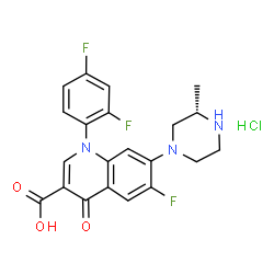 ChemSpider 2D Image | 1-(2,4-Difluorophenyl)-6-fluoro-7-[(3S)-3-methyl-1-piperazinyl]-4-oxo-1,4-dihydro-3-quinolinecarboxylic acid hydrochloride (1:1) | C21H19ClF3N3O3