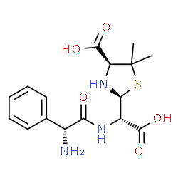 ChemSpider 2D Image | (2S,4S)-2-[(S)-{[(2R)-2-Amino-2-phenylacetyl]amino}(carboxy)methyl]-5,5-dimethyl-1,3-thiazolidine-4-carboxylic acid | C16H21N3O5S