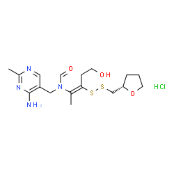 ChemSpider 2D Image | N-[(4-Amino-2-methyl-5-pyrimidinyl)methyl]-N-[(2E)-5-hydroxy-3-{[(2S)-tetrahydro-2-furanylmethyl]disulfanyl}-2-penten-2-yl]formamide hydrochloride (1:1) | C17H27ClN4O3S2