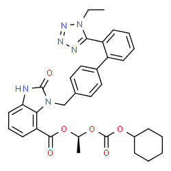 ChemSpider 2D Image | (1S)-1-{[(Cyclohexyloxy)carbonyl]oxy}ethyl 3-{[2'-(1-ethyl-1H-tetrazol-5-yl)-4-biphenylyl]methyl}-2-oxo-2,3-dihydro-1H-benzimidazole-4-carboxylate | C33H34N6O6