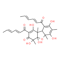 ChemSpider 2D Image | 2,9-Di[(2E,4E)-2,4-hexadienoyl]-1,4,4a,6,8-pentahydroxy-4,5a,7,9b-tetramethyl-4a,5a,9a,9b-tetrahydrodibenzo[b,d]furan-3(4H)-one | C28H32O9