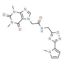 ChemSpider 2D Image | 2-(1,3-Dimethyl-2,6-dioxo-1,2,3,6-tetrahydro-7H-purin-7-yl)-N-{[3-(1-methyl-1H-pyrrol-2-yl)-1,2,4-oxadiazol-5-yl]methyl}acetamide | C17H18N8O4