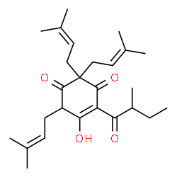 ChemSpider 2D Image | 5-Hydroxy-4-(2-methylbutanoyl)-2,2,6-tris(3-methyl-2-buten-1-yl)-4-cyclohexene-1,3-dione | C26H38O4