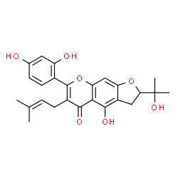 ChemSpider 2D Image | 7-(2,4-Dihydroxyphenyl)-4-hydroxy-2-(2-hydroxy-2-propanyl)-6-(3-methyl-2-buten-1-yl)-2,3-dihydro-5H-furo[3,2-g]chromen-5-one | C25H26O7