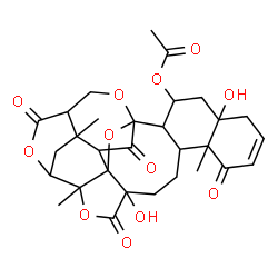 ChemSpider 2D Image | 5,14-Dihydroxy-2,9,26-trimethyl-4,10,22,29-tetraoxo-3,19,23,28-tetraoxaoctacyclo[16.9.1.1~18,27~.0~1,5~.0~2,24~.0~8,17~.0~9,14~.0~21,26~]nonacos-11-en-16-yl acetate | C30H34O12