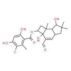 ChemSpider 2D Image | 3-Formyl-2a,7-dihydroxy-6,6,7b-trimethyl-2,2a,4a,5,6,7,7a,7b-octahydro-1H-cyclobuta[e]inden-2-yl 3-chloro-4,6-dihydroxy-2-methylbenzoate | C23H27ClO7