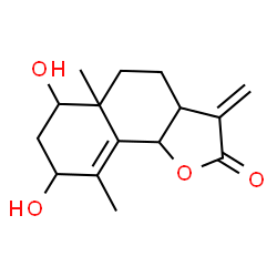ChemSpider 2D Image | 6,8-Dihydroxy-5a,9-dimethyl-3-methylene-3a,4,5,5a,6,7,8,9b-octahydronaphtho[1,2-b]furan-2(3H)-one | C15H20O4