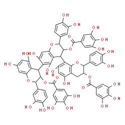 ChemSpider 2D Image | 2,2',2''-Tris(3,4-dihydroxyphenyl)-5,5',5'',7,7',7''-hexahydroxy-3,3',3'',4,4',4''-hexahydro-2H,2'H,2''H-4,6':4',8''-terchromene-3,3',3''-triyl tris(3,4,5-trihydroxybenzoate) | C66H50O30