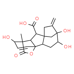 ChemSpider 2D Image | 4,5,12-Trihydroxy-11-methyl-6-methylene-16-oxo-15-oxapentacyclo[9.3.2.1~5,8~.0~1,10~.0~2,8~]heptadec-13-ene-9-carboxylic acid | C19H22O7