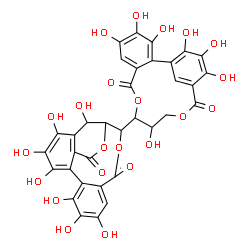 ChemSpider 2D Image | 14-[3,4,5,11,16,17,18-Heptahydroxy-8,14-dioxo-9,13-dioxatricyclo[13.3.1.0~2,7~]nonadeca-1(19),2,4,6,15,17-hexaen-10-yl]-2,3,4,7,8,9,19-heptahydroxy-13,16-dioxatetracyclo[13.3.1.0~5,18~.0~6,11~]nonadec
a-1(18),2,4,6,8,10-hexaene-12,17-dione | C34H24O22