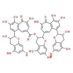 ChemSpider 2D Image | 5,7-Dihydroxy-2-[3,4,6-trihydroxy-5-oxo-1-(3,5,7-trihydroxy-3,4-dihydro-2H-chromen-2-yl)-5H-benzo[7]annulen-8-yl]-3,4-dihydro-2H-chromen-3-yl 3,4,6-trihydroxy-5-oxo-1-(3,5,7-trihydroxy-3,4-dihydro-2H-
chromen-2-yl)-5H-benzo[7]annulene-8-carboxylate | C50H38O21