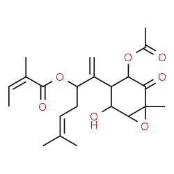ChemSpider 2D Image | 2-(4-Acetoxy-2-hydroxy-6-methyl-5-oxo-7-oxabicyclo[4.1.0]hept-3-yl)-6-methyl-1,5-heptadien-3-yl (2Z)-2-methyl-2-butenoate | C22H30O7
