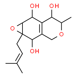ChemSpider 2D Image | 5-Methyl-1a-(3-methyl-2-buten-1-yl)-1a,3,5,6,7,7a-hexahydro-2H-oxireno[g]isochromene-2,6,7-triol | C15H22O5