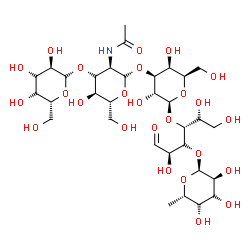 ChemSpider 2D Image | alpha-D-Allopyranosyl-(1->3)-2-acetamido-2-deoxy-alpha-D-allopyranosyl-(1->3)-beta-D-galactopyranosyl-(1->4)-[6-deoxy-alpha-L-allopyranosyl-(1->3)]-L-talose | C32H55NO25