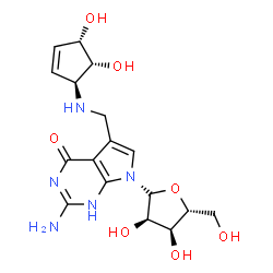 ChemSpider 2D Image | 2-Amino-5-({[(1S,4S,5R)-4,5-dihydroxy-2-cyclopenten-1-yl]amino}methyl)-7-(alpha-D-ribofuranosyl)-1,7-dihydro-4H-pyrrolo[2,3-d]pyrimidin-4-one | C17H23N5O7