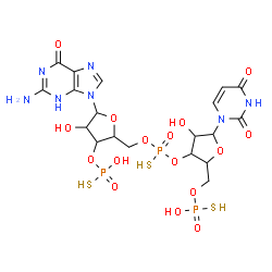 ChemSpider 2D Image | O-[(2R,3S,4R,5R)-5-(2-amino-6-oxo-3,6-dihydro-9H-purin-9-yl)-2-({[(S)-({(2R,3S,4R,5R)-5-(2,4-dioxo-3,4-dihydropyrimidin-1(2H)-yl)-4-hydroxy-2-[(thiophosphonooxy)methyl]tetrahydrofuran-3-yl}oxy)(sulfanyl)phosphoryl]oxy}methyl)-4-hydroxytetrahydrofuran | C19H26N7O16P3S3
