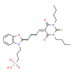 ChemSpider 2D Image | 3-[(2E)-2-[(2Z)-4-(1,3-Dibutyl-4,6-dioxo-2-thioxotetrahydro-5(2H)-pyrimidinylidene)-2-buten-1-ylidene]-1,3-benzoxazol-3(2H)-yl]-1-propanesulfonic acid | C26H33N3O6S2