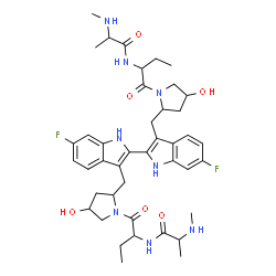 ChemSpider 2D Image | (2s)-N-{(2r)-1-[(2r,4s)-2-{[6,6'-Difluoro-3'-({(2r,4s)-4-Hydroxy-1-[(2s)-2-{[(2s)-2-(Methylamino)propanoyl]amino}butanoyl]pyrrolidin-2-Yl}methyl)-1h,1'h-2,2'-Biindol-3-Yl]methyl}-4-Hydroxypyrrolidin-1-Yl]-1-Oxobutan-2-Yl}-2-(Methylamino)propanamide | C42H56F2N8O6