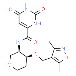 ChemSpider 2D Image | 1,5-Anhydro-2,4-dideoxy-3-O-[(3,5-dimethyl-1,2-oxazol-4-yl)methyl]-4-{[(2,6-dioxo-1,2,3,6-tetrahydro-4-pyrimidinyl)carbonyl]amino}-D-erythro-pentitol | C16H20N4O6