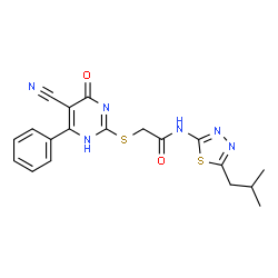 ChemSpider 2D Image | 2-[(5-Cyano-4-oxo-6-phenyl-1,4-dihydro-2-pyrimidinyl)sulfanyl]-N-(5-isobutyl-1,3,4-thiadiazol-2-yl)acetamide | C19H18N6O2S2