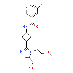 ChemSpider 2D Image | 5-Chloro-N-{cis-3-[5-(hydroxymethyl)-4-(2-methoxyethyl)-4H-1,2,4-triazol-3-yl]cyclobutyl}nicotinamide | C16H20ClN5O3