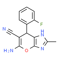 ChemSpider 2D Image | 5-Amino-7-(2-fluorophenyl)-2-methyl-1,7-dihydropyrano[2,3-d]imidazole-6-carbonitrile | C14H11FN4O
