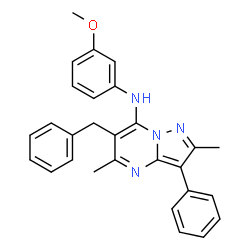 ChemSpider 2D Image | 6-Benzyl-N-(3-methoxyphenyl)-2,5-dimethyl-3-phenylpyrazolo[1,5-a]pyrimidin-7-amine | C28H26N4O