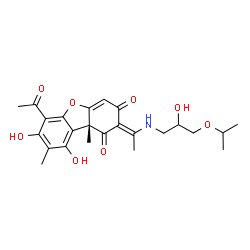 ChemSpider 2D Image | (2E,9bR)-6-Acetyl-7,9-dihydroxy-2-{1-[(2-hydroxy-3-isopropoxypropyl)amino]ethylidene}-8,9b-dimethyldibenzo[b,d]furan-1,3(2H,9bH)-dione | C24H29NO8
