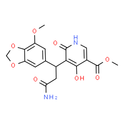 ChemSpider 2D Image | Methyl 5-[3-amino-1-(7-methoxy-1,3-benzodioxol-5-yl)-3-oxopropyl]-4-hydroxy-6-oxo-1,6-dihydro-3-pyridinecarboxylate | C18H18N2O8