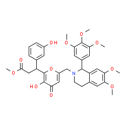 ChemSpider 2D Image | Methyl 3-(6-{[6,7-dimethoxy-1-(3,4,5-trimethoxyphenyl)-3,4-dihydro-2(1H)-isoquinolinyl]methyl}-3-hydroxy-4-oxo-4H-pyran-2-yl)-3-(3-hydroxyphenyl)propanoate | C36H39NO11
