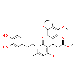 ChemSpider 2D Image | Methyl 3-{1-[2-(3,4-dihydroxyphenyl)ethyl]-4-hydroxy-6-methyl-2-oxo-1,2-dihydro-3-pyridinyl}-3-(7-methoxy-1,3-benzodioxol-5-yl)propanoate | C26H27NO9