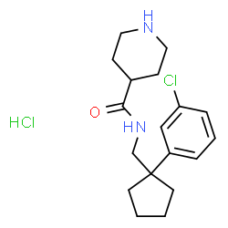 ChemSpider 2D Image | N-{[1-(3-Chlorophenyl)cyclopentyl]methyl}-4-piperidinecarboxamide hydrochloride (1:1) | C18H26Cl2N2O