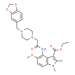 ChemSpider 2D Image | Ethyl 4-({[4-(1,3-benzodioxol-5-ylmethyl)-1-piperazinyl]acetyl}amino)-5-methoxy-1,2-dimethyl-1H-indole-3-carboxylate | C28H34N4O6